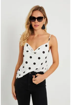 Kadın Degaje Yaka Puantiyeli Bluz Beyaz-Siyah LPP1255