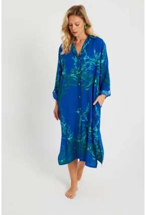 Kadın Desenli Gömlek Elbise Saks LV174