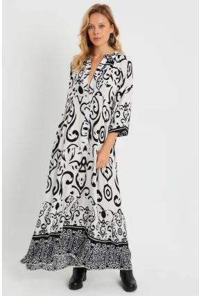 Kadın Desenli Salaş Maxi Elbise Beyaz-Siyah Q981