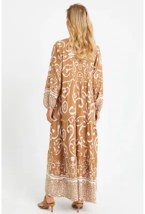 Kadın Desenli Salaş Maxi Elbise Camel Q981