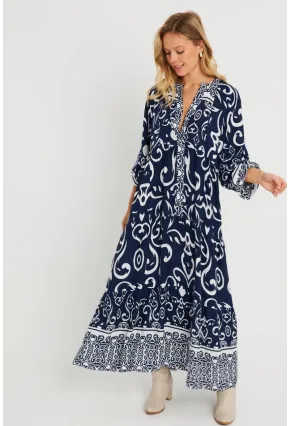 Kadın Desenli Salaş Maxi Elbise Lacivert Q981