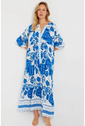 Kadın Desenli Salaş Maxi Elbise Mavi Q981