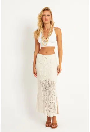 Kadın Ekru Ajurlu Astarlı Triko Maxi Etek TOP05