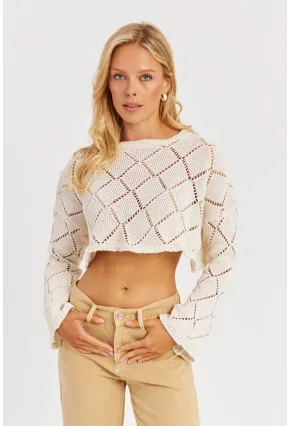 Kadın Ekru Ajurlu Kısa Triko Bluz YZ628