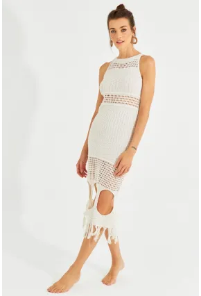 Kadın Ekru Ajurlu Maxi Plaj Elbisesi KZ521