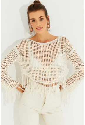 Kadın Ekru Ajurlu Püsküllü Triko Bluz KZ2462