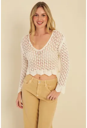 Kadın Ekru Ajurlu Triko Bluz MZU603
