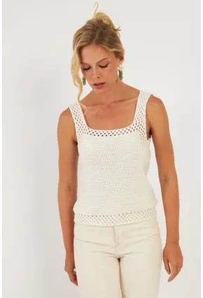 Kadın Ekru Ajurlu Triko Bluz YV258