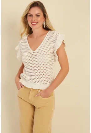 Kadın Ekru Ajurlu Triko Bluz ZU607