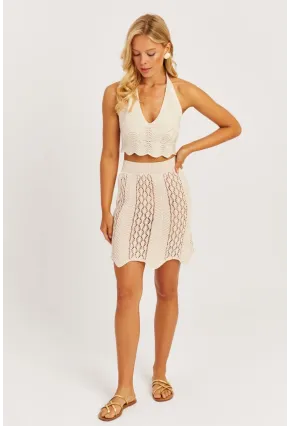 Kadın Ekru Ajurlu Triko Etek MZU608