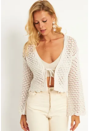 Kadın Ekru Ajurlu Triko Hırka YV248