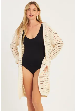 Kadın Ekru Ajurlu Triko Hırka ZU608