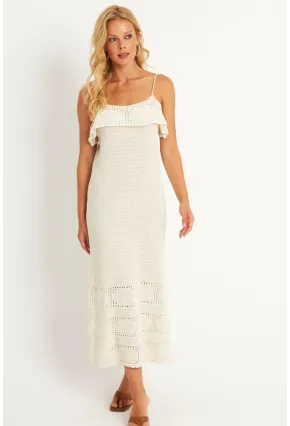Kadın Ekru Ajurlu Triko Midi Elbise HC1569
