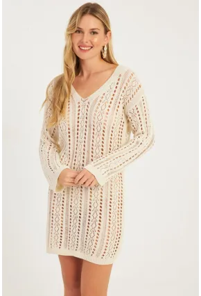 Kadın Ekru Ajurlu Triko Mini Elbise MZU605