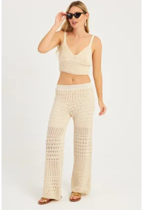 Kadın Ekru Ajurlu Triko Pantolon YZ3062