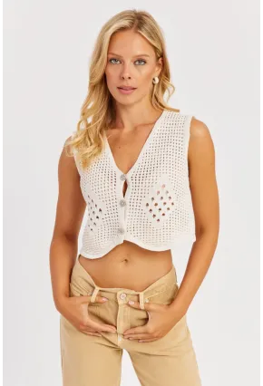 Kadın Ekru Ajurlu Triko Yelek YZ627