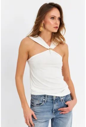 Kadın Ekru Aksesuarlı Çapraz Yaka Bluz EY3068