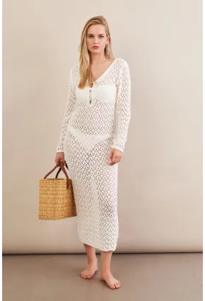 Kadın Ekru Aksesuarlı Triko Plaj Elbisesi KZ3237-90