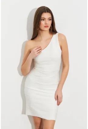 Kadın Ekru Asimetrik Yaka Astarlı Mini Elbise LİT109-1