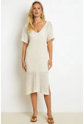 Kadın Ekru Astarlı Simli Triko Midi Elbise ET04