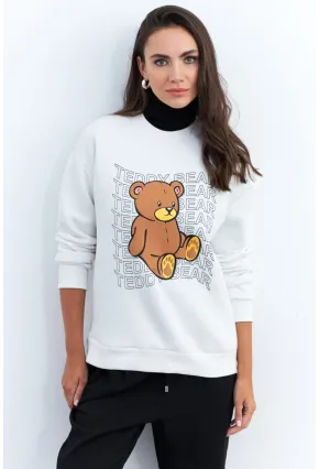 Kadın Ekru Ayıcık Baskılı Sweatshirt ZM288