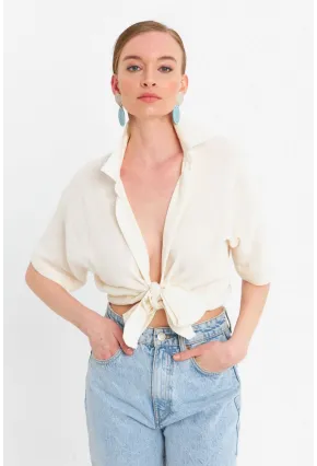 Kadın Ekru Bağlamalı Keten Bluz BTH16