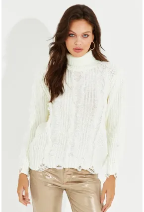 Kadın Ekru Balıkçı Yaka Püsküllü Triko Kazak KZ2471