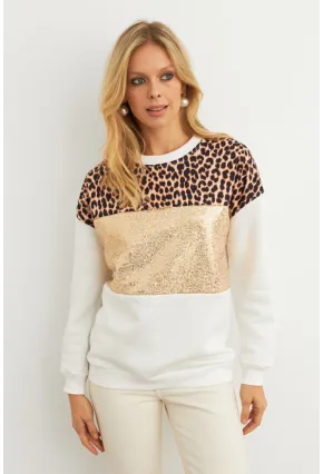 Kadın Ekru Bloklu Sweatshirt MST098