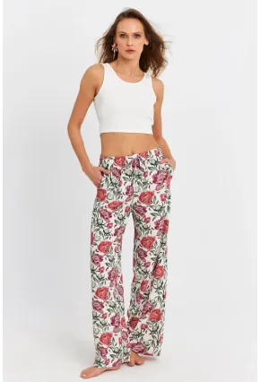 Kadın Ekru-Bordo Çiçek Desenli Pantolon FLS03