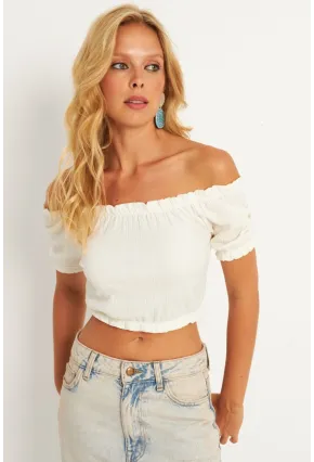 Kadın Ekru Bürümcük Crop Bluz KAZ10