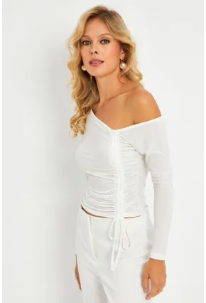 Kadın Ekru Büzgülü Bluz GÇ188