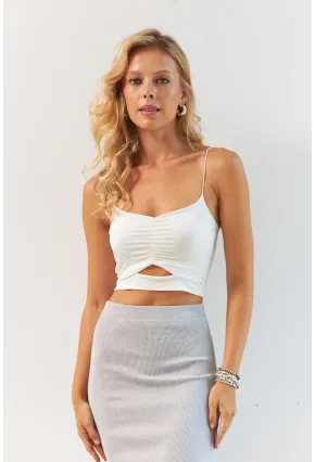 Kadın Ekru Büzgülü Crop Bluz MSH125