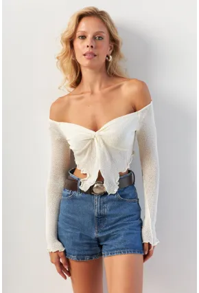 Kadın Ekru Büzgülü File Bluz OW146
