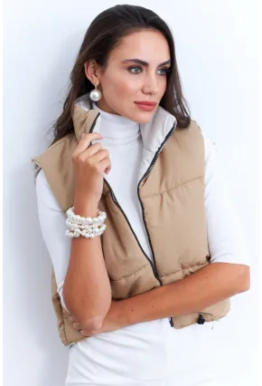 Kadın Ekru-Camel Çift Taraflı Şişme Kısa Yelek MX12