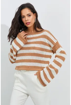 Kadın Ekru-Camel İspanyol Kol Ajurlu Triko Kısa Bluz YV109