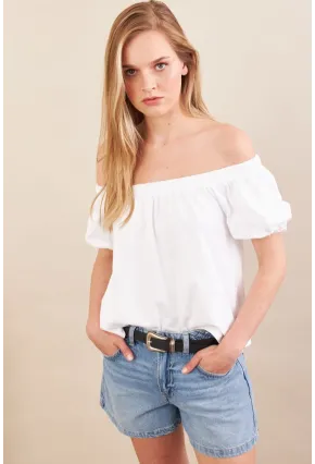 Kadın Ekru Carmen Yaka Balon Kol Bluz SAN106