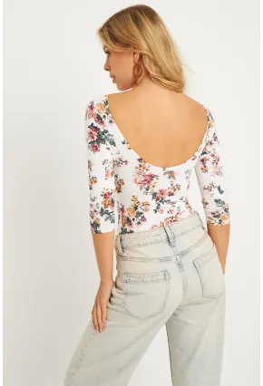 Kadın Ekru Çiçek Desenli Çıtçıtlı Body RK40