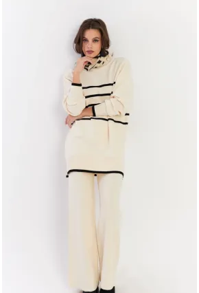 Kadın Ekru Çizgili Alt Üst Triko Takım NUV1069