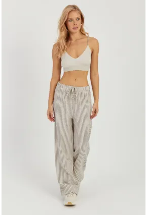 Kadın Ekru Çizgili Keten Pantolon Q986
