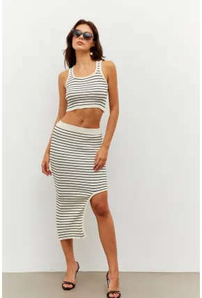 Kadın Ekru Çizgili Yırtmaçlı Alt Üst Takım KZ2468