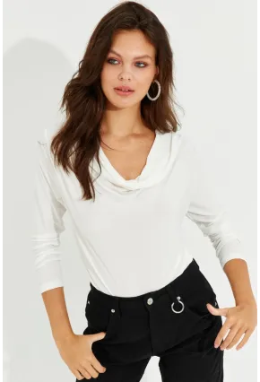 Kadın Ekru Degaje Yaka Bluz LPP1234