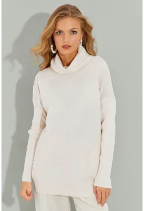 Kadın Ekru Degaje Yaka Cepli Triko Kazak YZ519