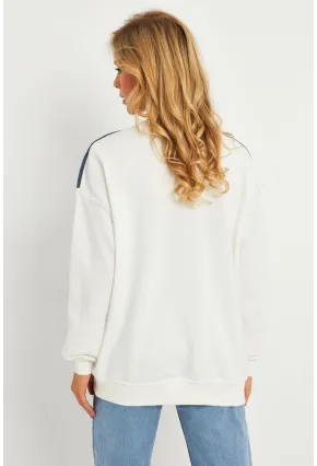 Kadın Ekru Denim Bloklu Sweatshirt PKA808
