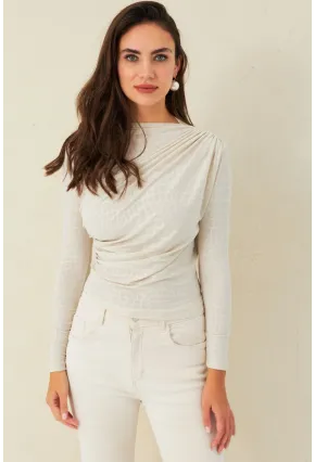 Kadın Ekru Desenli Büzgülü Bluz LPP1279