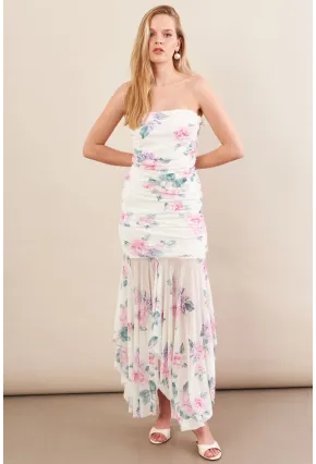 Kadın Ekru Drapeli Straplez Midi Tül Elbise ERL101