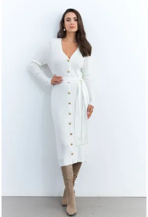 Kadın Ekru Düğme Detaylı Kuşaklı Midi Elbise MŞ1