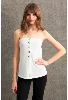 Kadın Ekru Düğme Detaylı Straplez Bluz CY355