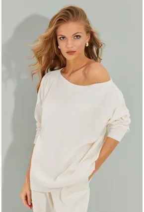 Kadın Ekru Düşük Omuz Triko Bluz YZ617