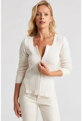 Kadın Ekru Fermuarlı Triko Kazak YZ523
