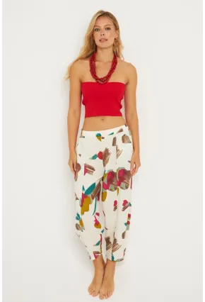 Kadın Ekru-Fuşya Desenli Keten Şalvar Pantolon K1253